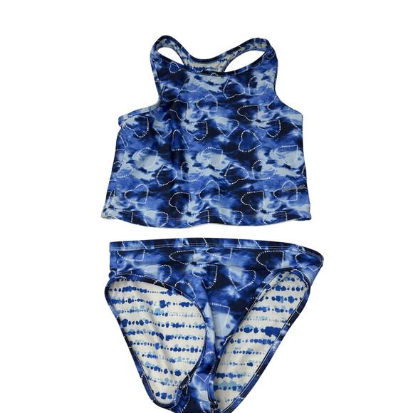 Eddie Bauer Reversible 2 Piece Tankini Swimsuit Girls S 7-8 Blue White Tie Dye - Picture 1 of 6